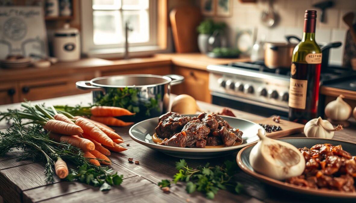 Préparation du boeuf bourguignon traditionnel