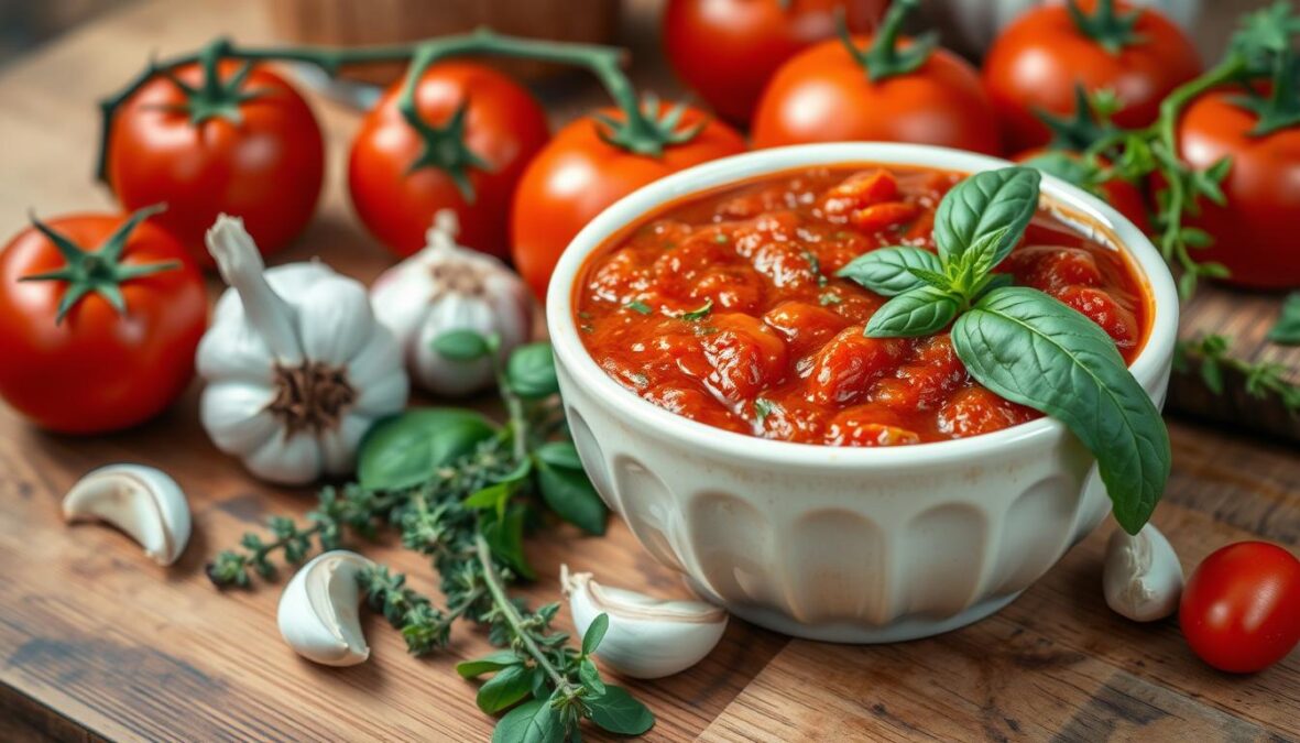 Sauce tomate maison préparée avec des herbes fraîches