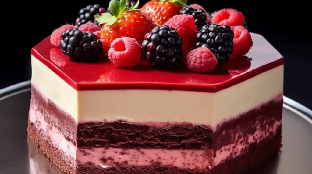 Laissez-vous séduire par l'élégance légère et fruitée de ce Gâteau Mousse aux Trois Baies ! Une mousse crémeuse débordante de saveurs de fraise, framboise et myrtille repose sur une croûte de biscuits Graham au beurre, garnie de fruits frais pour un dessert aussi magnifique que délicieux.