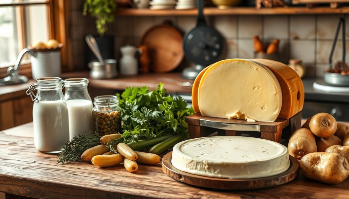 Fromage à raclette tranché, accompagné de pommes de terre, herbes fraîches, lait et autres ingrédients sur un plan de cuisine rustique