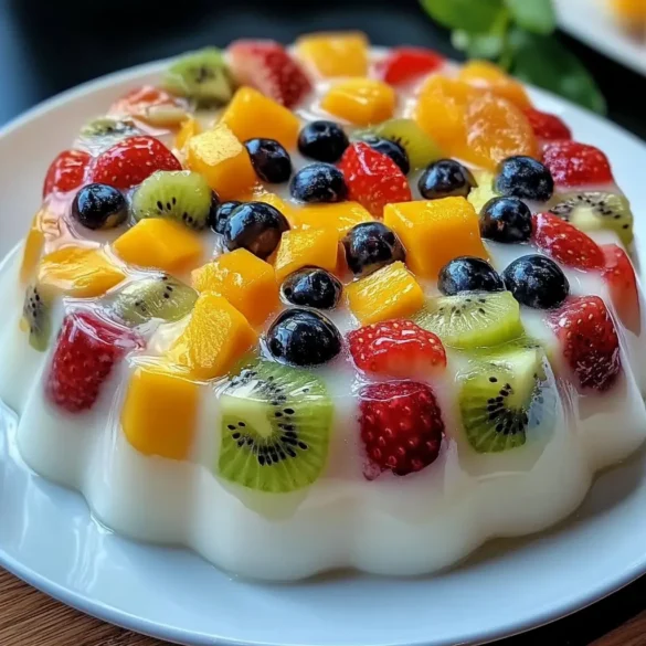 Gélatine aux fruits et fromage Gélatine colorée au fromage frais et fruits dans un moule transparent