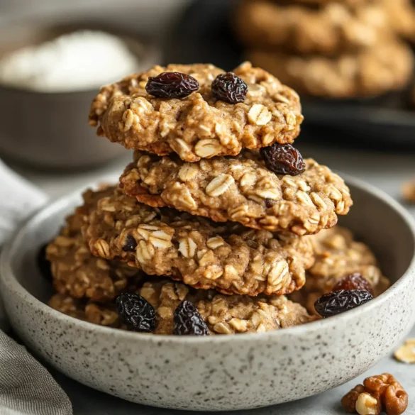 Cookies avoine noix sans sucre Cookies sans sucre aux flocons d’avoine, noix et raisins sur une assiette en bois