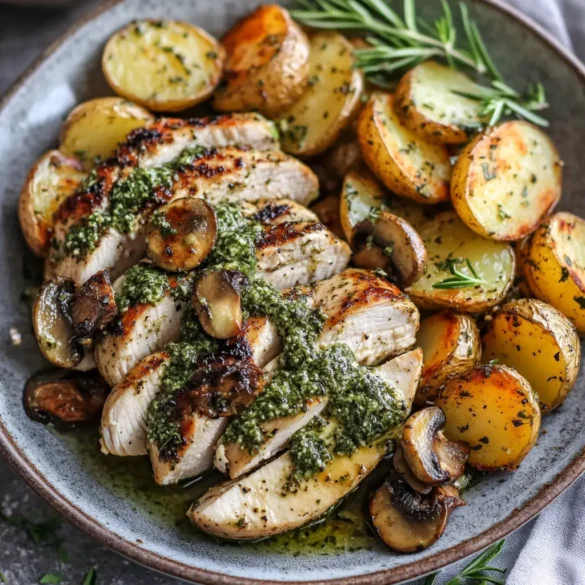 Poulet grec à l’ail et pommes de terre Poulet mariné grec avec pommes de terre rôties et sauce pesto aux champignons