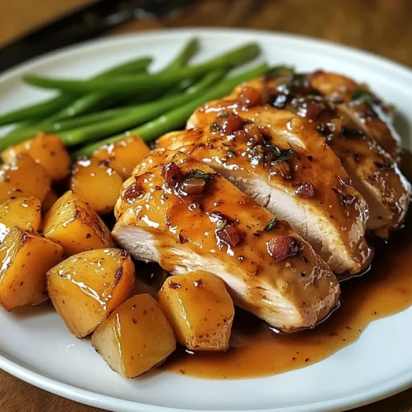 Poulet miel et ail au four Poulet rôti au miel avec patates douces et haricots verts sur une plaque de cuisson