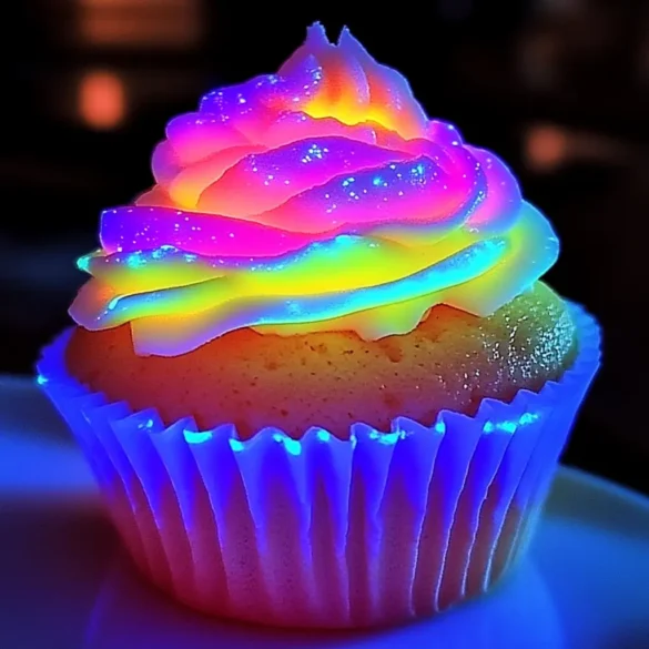 Cupcakes fluorescents à la lumière noire Cupcakes vanille brillants sous lumière noire avec glaçage fluorescent
