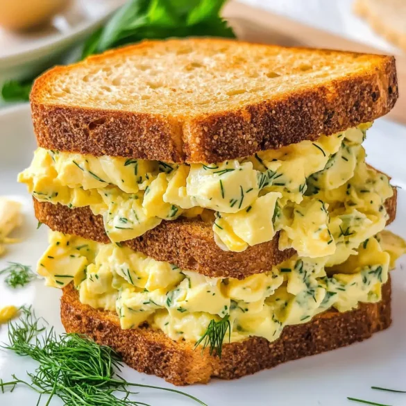 Recette de sandwich aux œufs Sandwich aux œufs avec herbes fraîches et pain grillé sur une assiette