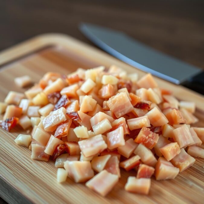 A close-up view of a wooden chopping board with freshly diced lardons (bacon) ready for a traditional quiche lorraine. The lardons are evenly cut, golden-brown in color, and arranged in an appetizing manner. Soft, even lighting illuminates the scene, highlighting the texture and details of the ingredients. A subtle RecettesBand logo is discreetly incorporated into the background, adding a touch of professionalism to the image. The composition is balanced, drawing the viewer's attention to the beautifully prepared lardons, the star of the traditional quiche lorraine recipe. Recette quiche lorraine : préparation des lardons coupés en dés sur planche en bois