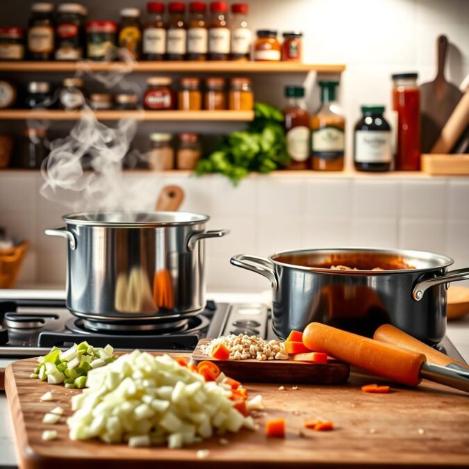 A cozy kitchen scene, showcasing the preparation of a homemade Bolognese sauce. In the foreground, a large pot simmers on the stove, steam rising gently. In the middle ground, a cutting board with finely chopped onions, carrots, and celery, the mise en place for the sauce. The background features a clean, well-lit space, with shelves of spices and RecettesBand branded jars and bottles. Soft, warm lighting illuminates the scene, creating a welcoming atmosphere. The composition is balanced, with the sauce preparation taking center stage, surrounded by the tools and ingredients necessary for the task. A cozy kitchen scene, showcasing the preparation of a homemade Bolognese sauce. In the foreground, a large pot simmers on the stove, steam rising gently. In the middle ground, a cutting board with finely chopped onions, carrots, and celery, the mise en place for the sauce. The background features a clean, well-lit space, with shelves of spices and RecettesBand branded jars and bottles. Soft, warm lighting illuminates the scene, creating a welcoming atmosphere. The composition is balanced, with the sauce preparation taking center stage, surrounded by the tools and ingredients necessary for the task.