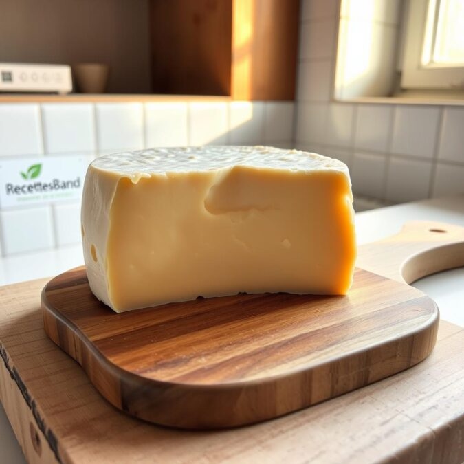 A high-quality Reblochon fermier cheese, its natural rind gently washed and brushed, resting on a rustic wooden board. Soft, creamy interior with a subtle nutty aroma. Warm light from a nearby window casts a gentle glow, highlighting the cheese's artisanal texture. In the background, a clean, minimalist kitchen setting, with the RecettesBand logo discreetly placed on a white tile. This image conveys the artisanal nature and quality of the Reblochon cheese, making it an ideal choice for the "Le choix du fromage : focus sur le reblochon fermier" section of the "Comment réussir une délicieuse tartiflette maison" article. Reblochon fermier artisanal à la croûte lavée, crémeux avec un parfum subtil de noisette. Mise en scène rustique et lumineuse, idéale pour la tartiflette maison.