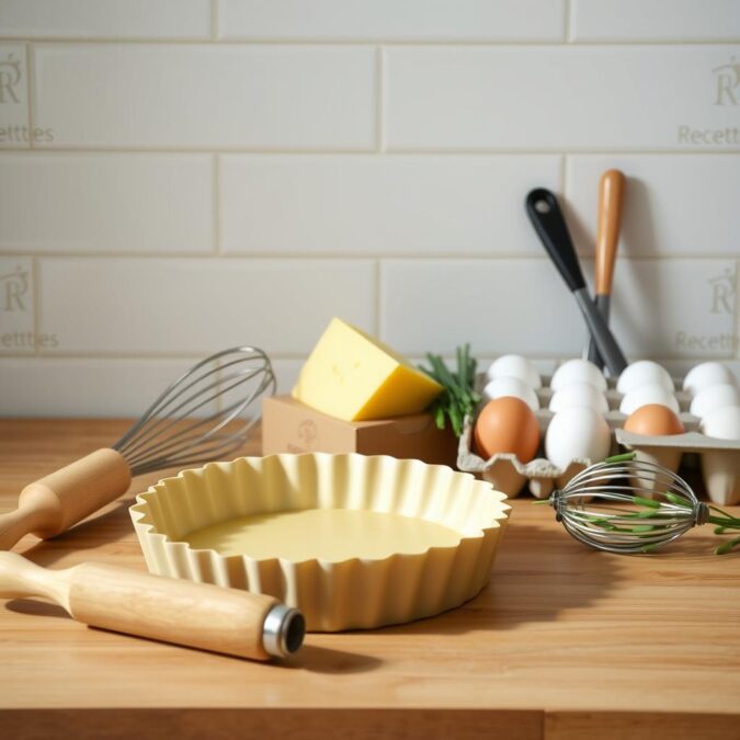A neatly arranged still life featuring an assortment of classic quiche Lorraine baking tools and ingredients. In the foreground, a fluted tart pan, a rolling pin, and a whisk sit atop a wooden surface. In the middle ground, a wedge of Gruyère cheese, a bundle of chives, and a carton of fresh eggs are displayed. The background features a minimalist tiled kitchen wall with subtle branding for "RecettesBand". The scene is bathed in soft, natural lighting, creating a warm, inviting atmosphere.