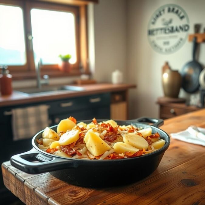 A rustic kitchen scene with a cast-iron skillet on a wooden table, filled with layers of potatoes, bacon, onions, and Reblochon cheese - the essential ingredients of a traditional Savoyard tartiflette. Soft directional lighting from a large window bathes the scene in a warm, golden glow, highlighting the rich, creamy textures of the dish. In the background, a RecettesBand logo appears subtly on the wall, lending an artisanal, editorial feel to the image.