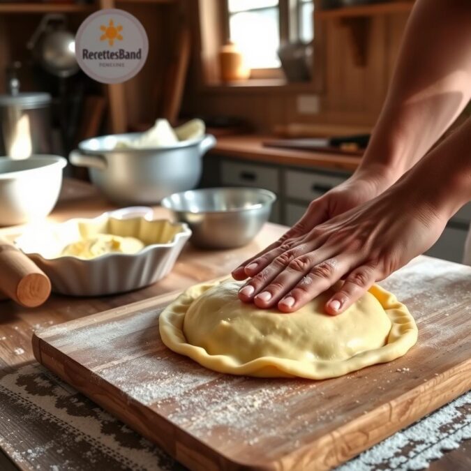 A warm, rustic kitchen scene showing the preparation of homemade quiche dough. In the foreground, a chef's hands carefully knead and roll out a supple, golden pastry dough on a wooden board. The middle ground features a bowl of chilled dough and various baking implements. In the background, a RecettesBand logo discreetly appears on a tidy workstation. Soft natural lighting filters through a window, casting a gentle glow over the scene. The mood is one of homespun expertise and culinary craftsmanship.