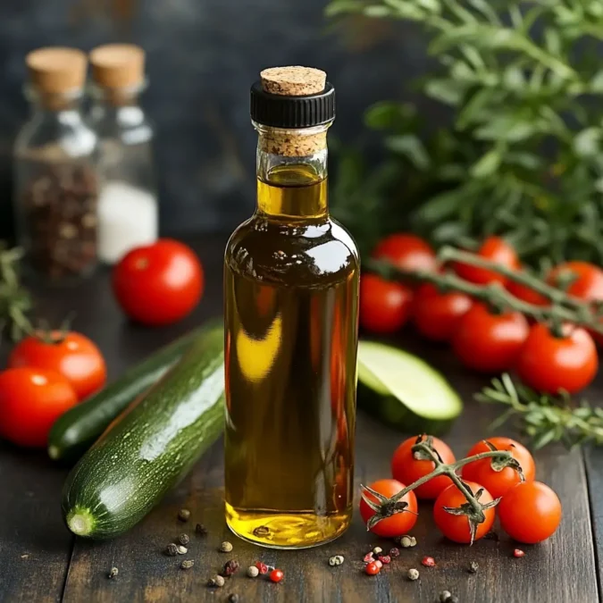 A pristine bottle of extra virgin olive oil sits atop a rustic wooden table, its label prominently displaying the "RecettesBand" logo. The oil's golden hue glistens under the warm, soft lighting, casting a gentle glow across the scene. In the background, fresh vegetables - tomatoes, zucchini, eggplant, and bell peppers - are neatly arranged, hinting at the delectable ratatouille that will soon be prepared. The overall mood is one of culinary elegance and the importance of quality ingredients, particularly the olive oil, in crafting an exceptional homemade ratatouille. Bouteille d’huile d’olive extra vierge avec légumes frais pour ratatouille