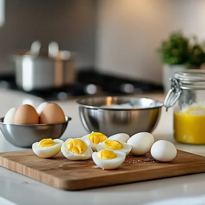 Oeufs mollets fraîchement cassés avec jaunes d’œufs jaunes vifs sur une planche en bois, dans une cuisine moderne avec ustensiles en acier inoxydable.