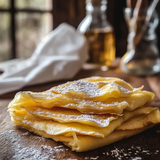 Photo rapprochée de crêpes françaises dorées pliées sur une table en bois, saupoudrées de sucre glace, avec une ambiance lumineuse naturelle – recette pate a crepe.