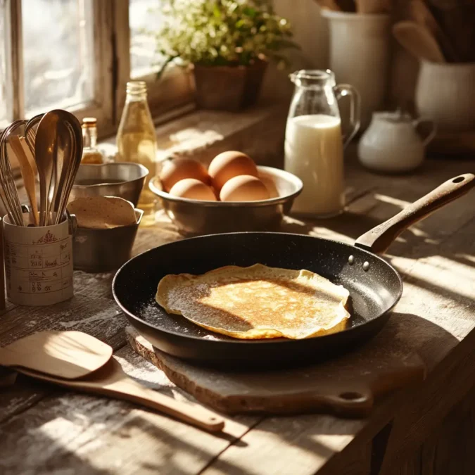 Équipement indispensable pour recette pate a crepe : poêle à crêpes avec pâte, bols en métal, œufs, lait, fouet, et cuillères en bois sur un plan de travail en bois.