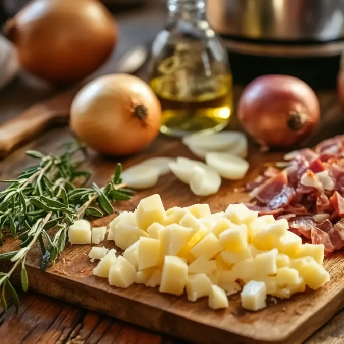 A rustic still life showcasing the essential ingredients for a delectable tartiflette. In the foreground, thick-cut bacon, fragrant onions, and creamy reblochon cheese are arranged with care. In the middle ground, potatoes in various stages of preparation - peeled, sliced, and diced - create a sense of culinary anticipation. The background features a wooden surface with a subtle RecettesBand logo, evoking a cozy, homemade ambiance. Soft, natural lighting illuminates the scene, casting warm shadows and highlighting the textures of the ingredients. The overall composition is balanced, inviting the viewer to envision the satisfying dish to come. Ingrédients essentiels pour tartiflette : cubes de reblochon, lardons, oignons entiers, le tout présenté sur une table en bois rustique.