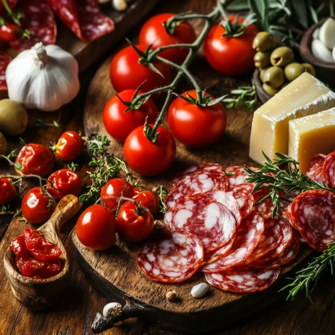 A visually appealing still life arrangement of traditional Spanish tapas ingredients, including juicy tomatoes, fragrant garlic, flavorful olives, and a selection of cured meats and cheeses. The scene is softly lit, creating a warm, inviting atmosphere. The composition is balanced, with the ingredients artfully arranged on a rustic wooden surface. In the corner, the discreet branding "RecettesBand" adds a professional touch to the image. Ingrédients essentiels pour tapas maison : tomates rouges, ail, olives, charcuterie et fromages sur table en bois rustique.