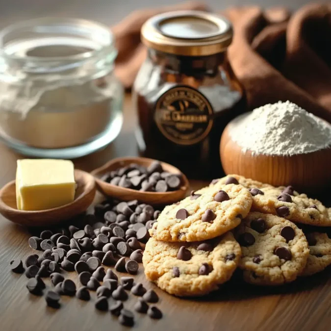 A high-quality assortment of baking ingredients, including plump chocolate chips, rich butter, wholesome flour, and fragrant vanilla, are artfully arranged on a wooden surface. The natural light softly illuminates the scene, casting subtle shadows and creating a warm, inviting atmosphere. In the foreground, the RecettesBand logo is discreetly displayed, adding a touch of branding to this professionally curated image. The overall composition is balanced, showcasing the essential elements for crafting the perfect cookies. Ingrédients essentiels pour des cookies parfaits : beurre, pépites de chocolat, farine, sucre et vanille