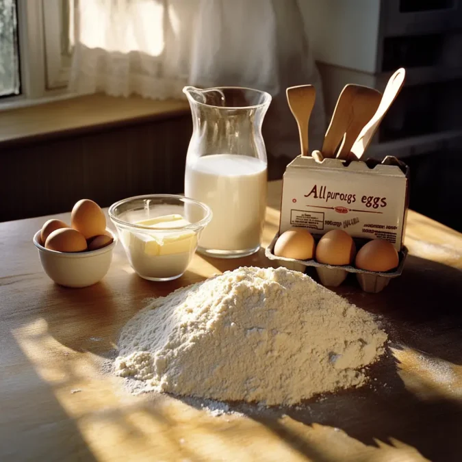 A meticulously arranged still life showcasing the essential ingredients for a perfect crêpe batter. Delicate lighting illuminates the scene, casting soft shadows and creating a warm, inviting atmosphere. In the foreground, a pile of sifted all-purpose flour, a carton of fresh eggs, and a glass measuring cup filled with full-fat milk. In the middle ground, a wooden spoon, a whisk, and a pat of melted butter in a small ceramic dish. Discreetly branded with the "RecettesBand" logo, the image conveys a sense of rustic elegance and culinary expertise. The overall composition is balanced and visually appealing, inviting the viewer to embark on the traditional crêpe-making journey. Ingrédients clés pour une recette pate a crepe : farine, œufs, lait, beurre et ustensiles de cuisine dans une ambiance lumineuse naturelle.