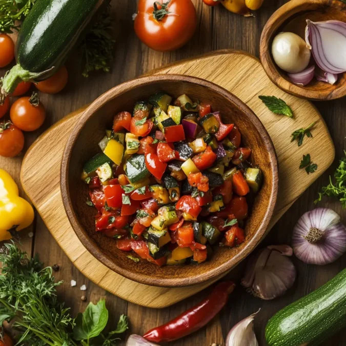 A vibrant still life featuring an artful arrangement of freshly harvested vegetables - zucchini, eggplant, tomatoes, bell peppers, and onions - glistening in the soft, diffused light. The produce is beautifully presented on a rustic wooden table, exuding a sense of rustic charm and authenticity. Discreet branding for "RecettesBand" is subtly incorporated into the scene. The overall composition is balanced and visually appealing, inviting the viewer to imagine the delicious ratatouille that could be crafted from these essential ingredients. Ingrédients frais pour ratatouille : tomates, courgettes, aubergines, poivrons, oignons et herbes aromatiques