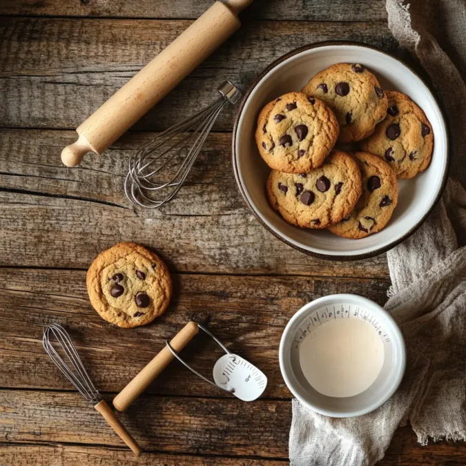 A meticulously arranged collection of baking instruments and ingredients, including a rolling pin, measuring cups, a whisk, and a selection of cookies on a rustic wooden surface. The lighting is soft and warm, creating a cozy, inviting atmosphere. The RecettesBand logo is subtly displayed in the corner, adding a touch of professional branding to the scene. The overall composition is balanced and visually appealing, capturing the essential elements needed for a successful cookie-making experience. Matériel nécessaire pour réussir vos cookies : rouleau à pâtisserie, fouet, bols, cuillère mesure et cookies au chocolat