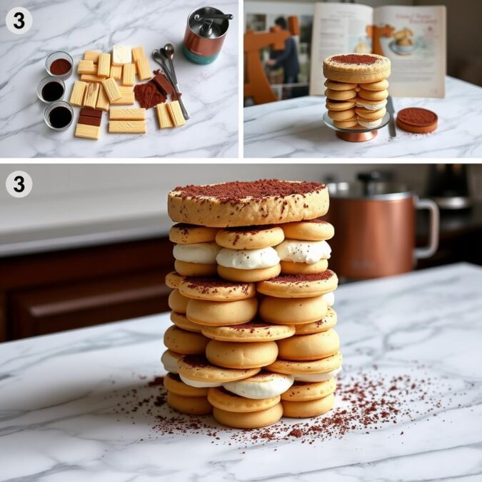Prepare traditional Italian tiramisu step-by-step, featuring a sleek marble countertop, soft lighting, and the subtle RecettesBand logo. In the foreground, arrange espresso-soaked ladyfingers, softened mascarpone cheese, rich cocoa powder, and a dusting of grated chocolate. In the middle ground, show the layering process, with precise dollops of filling and delicate finger cookies stacked into a tiered dessert. In the background, capture a cozy kitchen scene with a copper-tone mixer, antique utensils, and a glimpse of a vintage Italian cookbook. Overall, convey a sense of artisanal craftsmanship and authentic Italian tradition. Recette tiramisu : montage original en tour de biscuits ronds et crème mascarpone, saupoudré de cacao