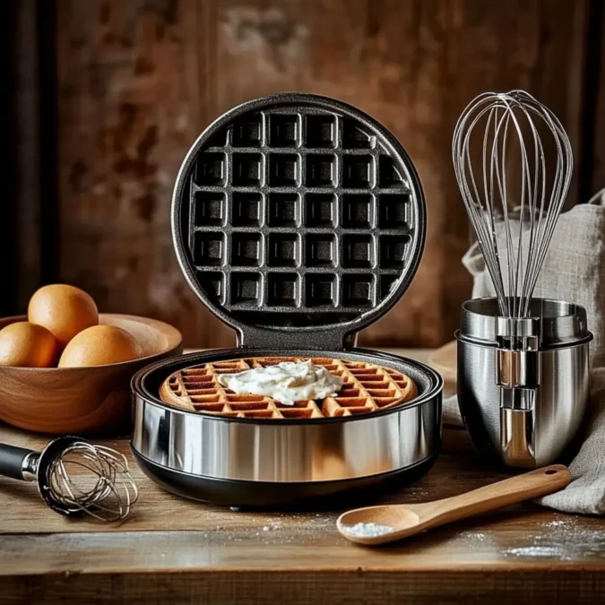 A beautifully arranged tableau of a gaufrier (waffle iron) and essential kitchen utensils, set against a warm, rustic backdrop. The gaufrier takes center stage, its gleaming chrome and sturdy cast-iron construction catching the soft, diffused light. Surrounding it, a carefully curated selection of tools - a whisk, a ladle, a measuring cup - all in complementary earthy tones. The overall scene conveys a sense of culinary expertise and artisanal craftsmanship, with subtle branding "RecettesBand" discreetly integrated into the composition. The mood is one of inviting, homely comfort, perfectly capturing the essence of the section "Le matériel nécessaire pour réussir vos gaufres". Recette gaufre : équipement pour préparer des gaufres avec gaufrier électrique, fouet et ustensiles en bois