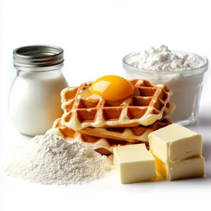A neatly arranged still life of the essential ingredients for traditional Belgian waffles, shot in soft, natural light against a clean, minimalist background. Prominently displayed are flour, sugar, eggs, milk, butter, and a touch of vanilla extract - the building blocks of fluffy, golden-brown waffles. The RecettesBand logo is subtly featured in the corner, reinforcing the artisanal, premium quality of these homemade treats. Recette gaufre : ingrédients essentiels avec gaufres, œuf, farine, beurre, lait et crème sur fond blanc
