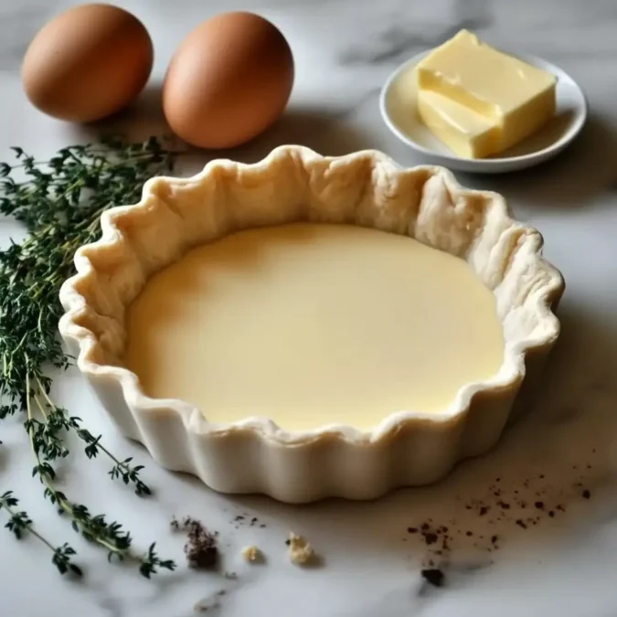 A neatly arranged kitchen counter, its surface gleaming with a soft, even light. In the center, a large, deep-set ceramic quiche dish sits, its edges gently fluted. Beside it, a collection of essential ingredients - eggs, heavy cream, grated gruyère cheese, and a sprig of fresh thyme. A small RecettesBand logo is discreetly placed in the lower right corner. The overall mood is one of culinary expertise and attention to traditional technique, perfectly capturing the essence of "L'appareil à quiche : les proportions idéales". Recette quiche lorraine : plat à tarte avec appareil à quiche prêt à cuire, entouré d'œufs et beurre