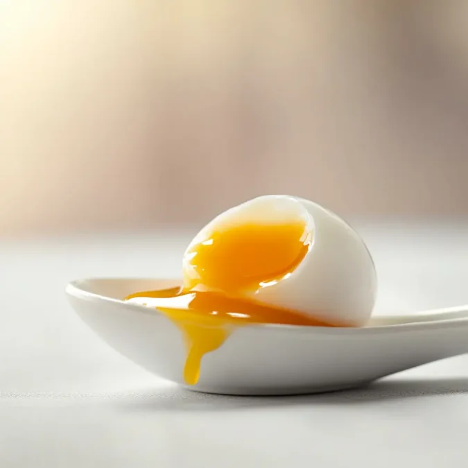 Gros plan d’un oeuf mollet avec jaune coulant posé sur une cuillère en céramique blanche, lumière douce naturelle.