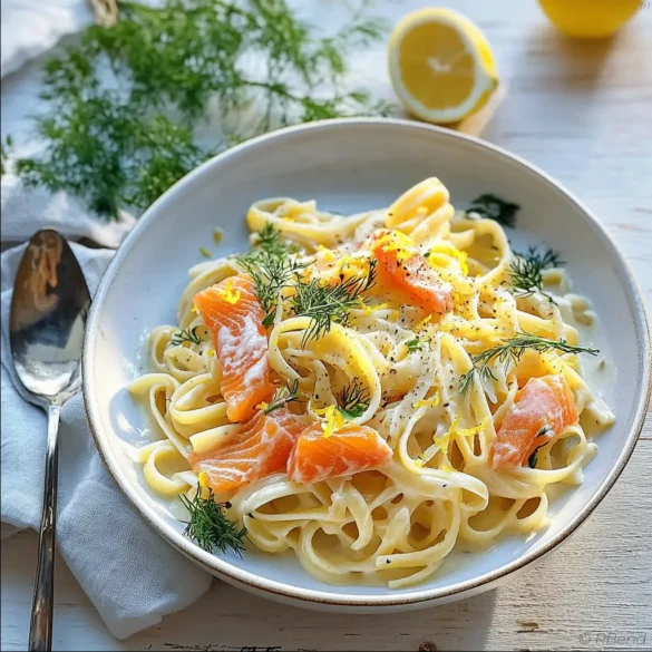 Fettucinis au saumon et au citron Assiette de fettucinis au saumon fumé et citron, servie chaude avec aneth