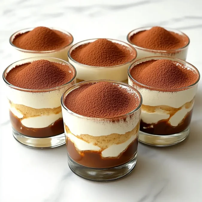 A neatly arranged set of clear glass dishes showcases the classic Italian tiramisu dessert, each layer meticulously prepared. Soft, natural lighting illuminates the creamy mascarpone, espresso-soaked ladyfingers, and generous dusting of cocoa powder. An elegant marble surface provides a refined backdrop, while discreet branding "RecettesBand" appears in the corner. The composition is balanced and inviting, enticing the viewer to indulge in this authentic, homemade tiramisu. Recette tiramisu : verrines individuelles avec couches de mascarpone, biscuits imbibés de café et cacao