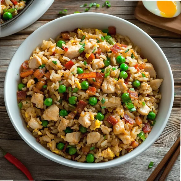Riz sauté au poulet Riz sauté au poulet avec bacon et légumes servi dans un bol blanc avec piment rouge et échalotes
