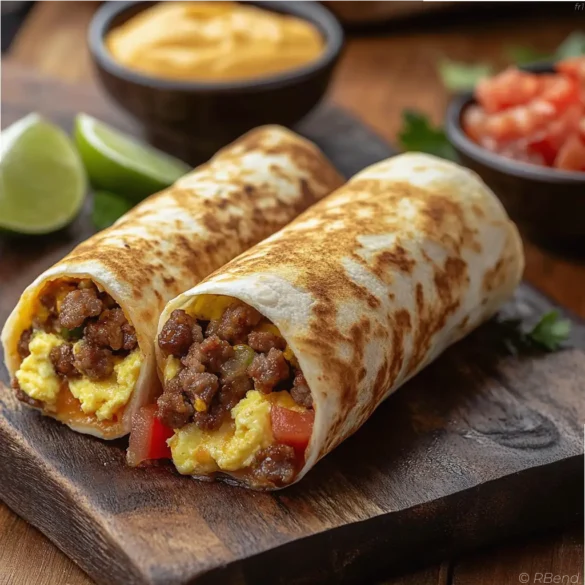 Burrito œufs brouillés et saucisse Burrito doré garni d’œufs brouillés, saucisse épicée et cheddar fondu