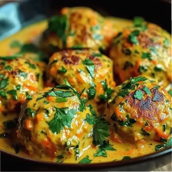 Boulettes carottes pois chiches sauce coco curry Boulettes dorées de carottes et pois chiches nappées de sauce coco curry, servies dans un plat blanc