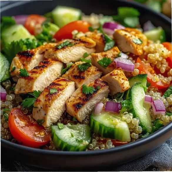 Salade quinoa poulet Salade quinoa poulet colorée avec avocat, tomate et coriandre dans un saladier