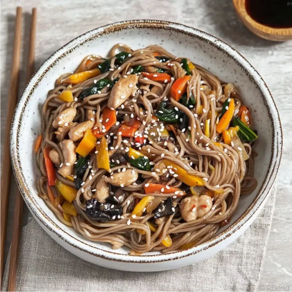 Sauté de poulet nouilles chinoises Sauté de poulet avec nouilles chinoises et légumes dans un wok noir
