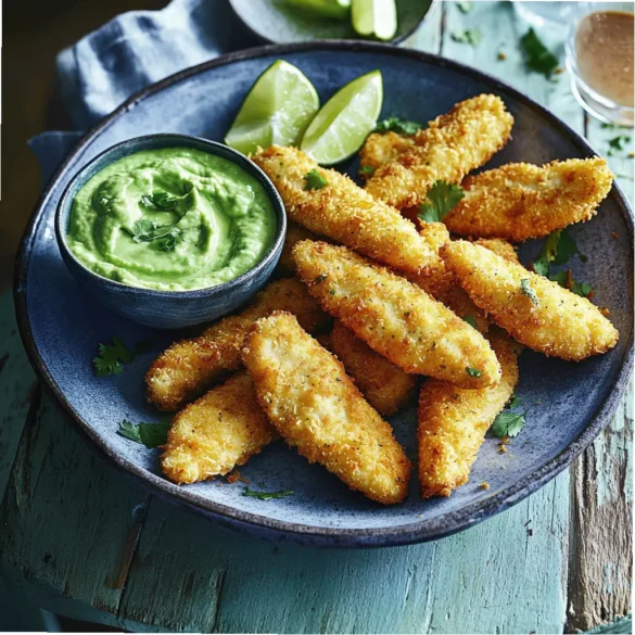 Poulet pané à la noix de coco sauce à l’avocat Aiguillettes de poulet panées à la noix de coco dorées servies avec une sauce verte à l’avocat