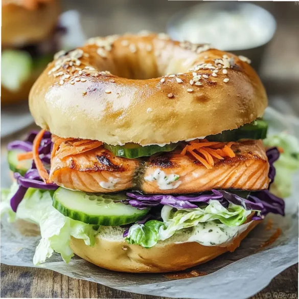 Bagel saumon frais et légumes Bagel garni de saumon frais poêlé et légumes croquants