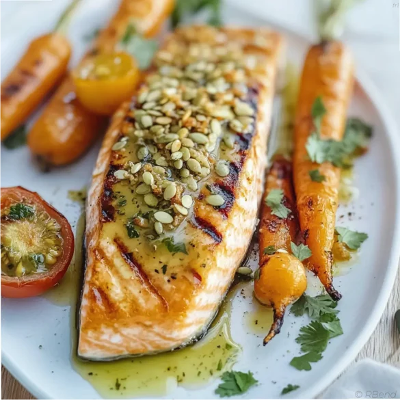 Pavé de saumon grillé à la moutarde au miel Pavé de saumon grillé nappé de moutarde au miel avec carottes et tomates rôties