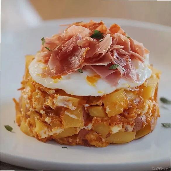 Huevos rotos au jambon de dinde Huevos rotos au jambon de dinde avec pommes de terre croustillantes et œufs coulants dans une assiette blanche