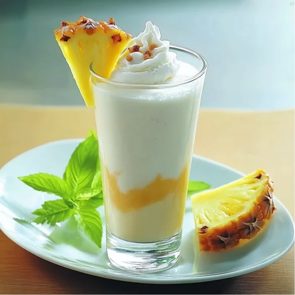 Milk-shake ananas rhum-raisins Milk-shake exotique à l’ananas et glace rhum-raisins dans un verre transparent