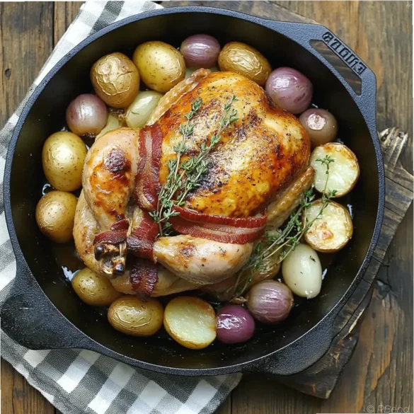 Poulet cocotte de Paul Bocuse Poulet entier doré en cocotte avec pommes de terre nouvelles et petits oignons blancs