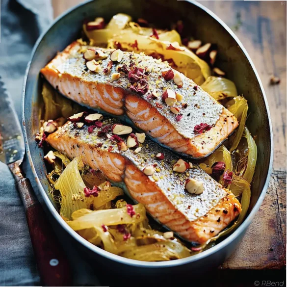 Pavés de saumon rôti avec fenouil Pavés de saumon rôti avec fenouil finement tranché et noisettes torréfiées