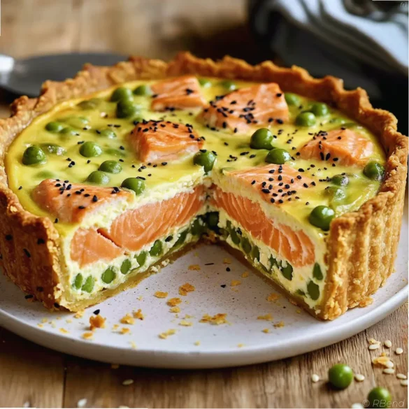 Quiche dorée au saumon, petits pois croquants et fromage frais, présentée avec une salade verte Quiche au saumon, petits pois et fromage frais, dorée et servie en tranche