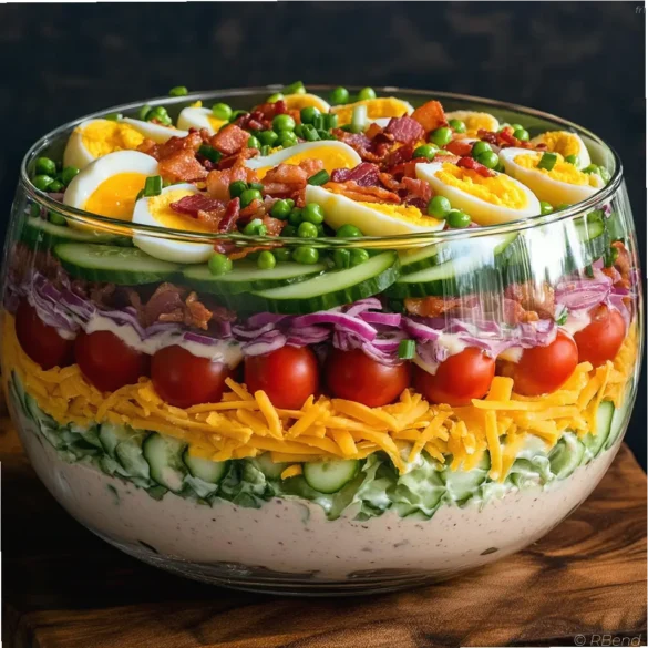 Salade à 7 étages Salade à 7 étages en couches colorées dans un grand bol transparent