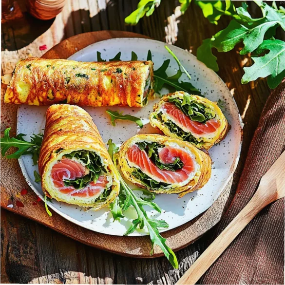 Omelette roulée saumon fumé roquette fromage frais Omelette roulée garnie de saumon fumé, fromage frais et roquette, coupée en tronçons