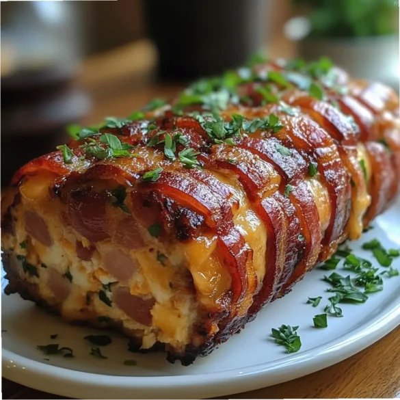 Pain de viande au poulet cheddar bacon fumé Pain de viande au poulet garni de cheddar fondant et enveloppé de bacon fumé croustillant