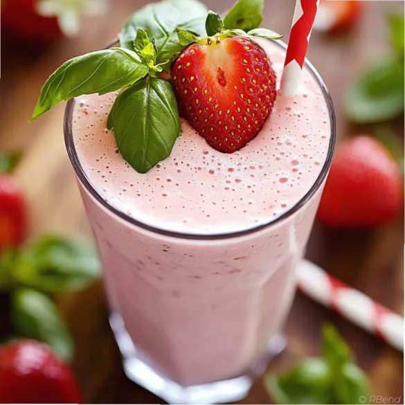 Milk-shake fraise basilic Milk-shake rose à la fraise et feuilles de basilic dans un verre transparent